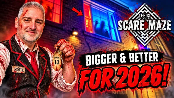 Promotional image for Leeds Scare Maze 2026, showing a person holding a room key outside a brightly lit building, with the text “Bigger & Better for 2026!” and the Leeds Scare Maze logo.