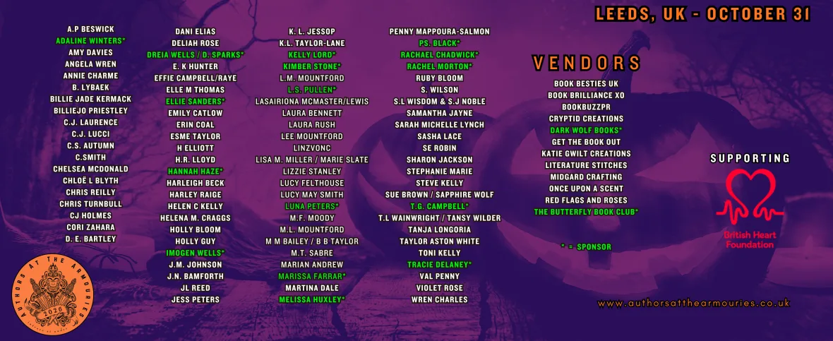 Promotional banner for Authors at the Armouries 2026, featuring a list of participating authors, vendors and the event date of 31 October in Leeds, UK, with support from the British Heart Foundation.
