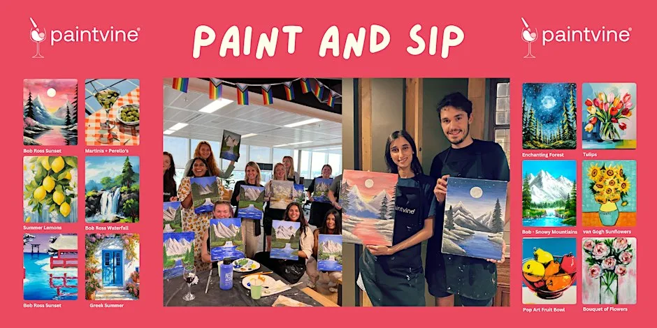Group painting session at a Paint and Sip event, with participants holding completed landscape paintings and artwork examples displayed around the room.
