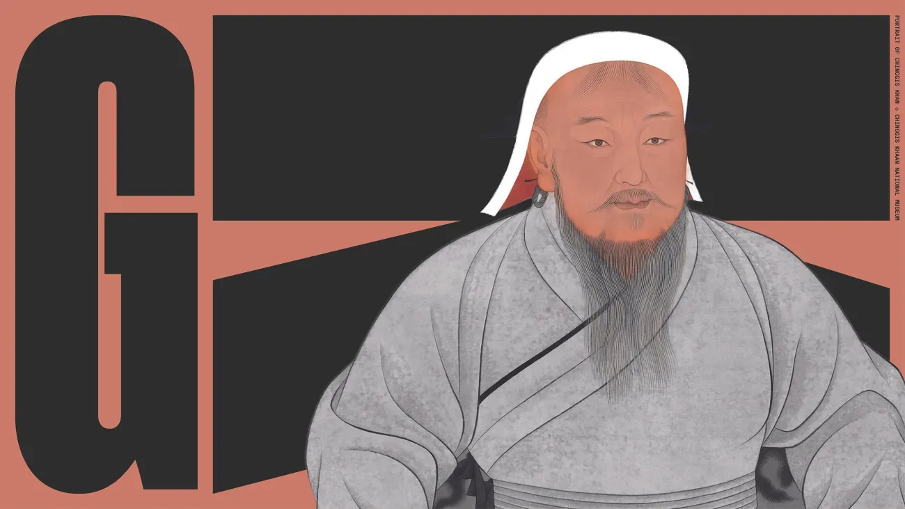 Stylised portrait of Genghis Khan in traditional robes against a geometric black and terracotta background.